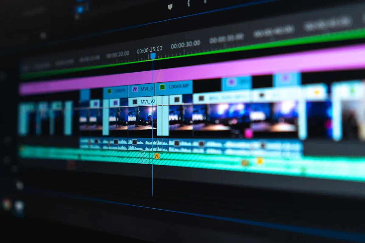Video editing laptop showing timeline and color grading