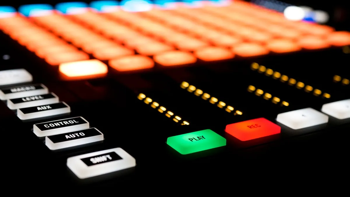Audio interface and microphone on a desk